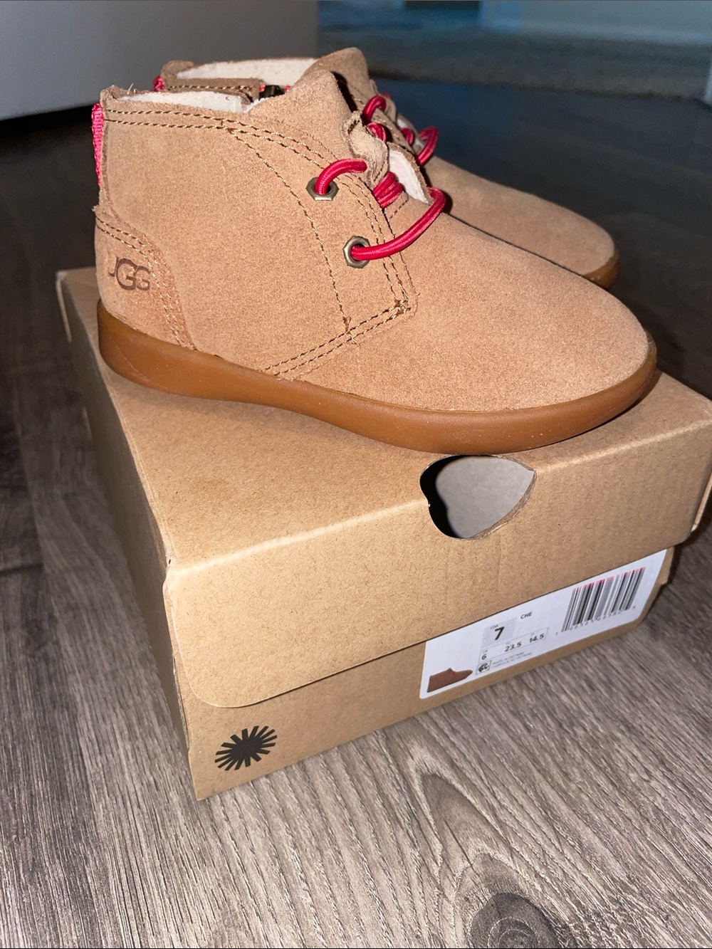 UGG Kids Chestnut Suede Chukka Boots with Red Accents